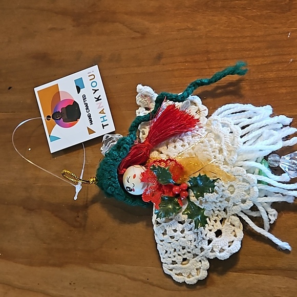 Hand Crafted Crochet Angel white green red colors multicolored plastic beaded - Picture 16 of 17